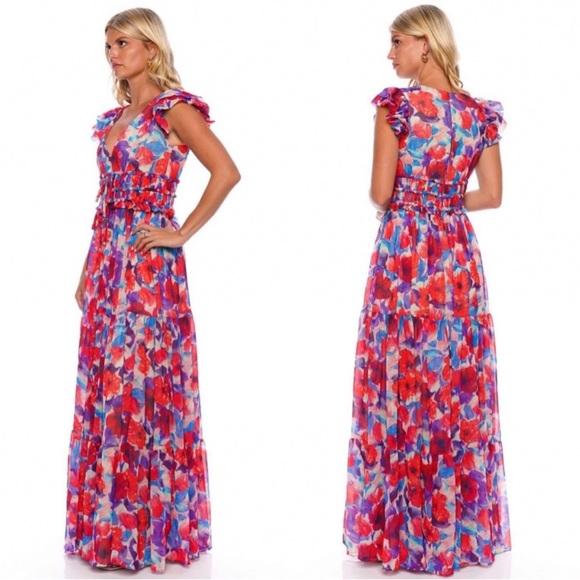 NWT PatBo Violet V-Neck Flutter-Sleeve Maxi Dress - Picture 2 of 2